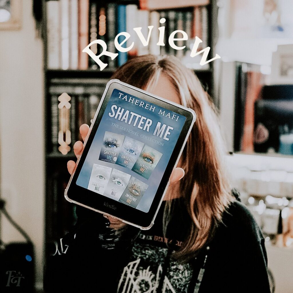 Person holding a Kindle showing the Shatter Me series collection in front of a bookshelf for my Shatter Me series review.